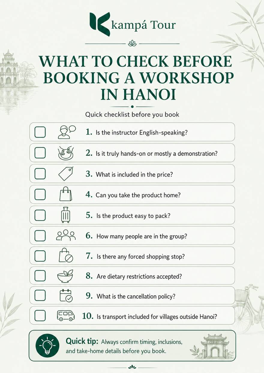 Checklist infographic for booking a hands-on workshop in Hanoi, with tips on language, inclusions, group size and take-home items.