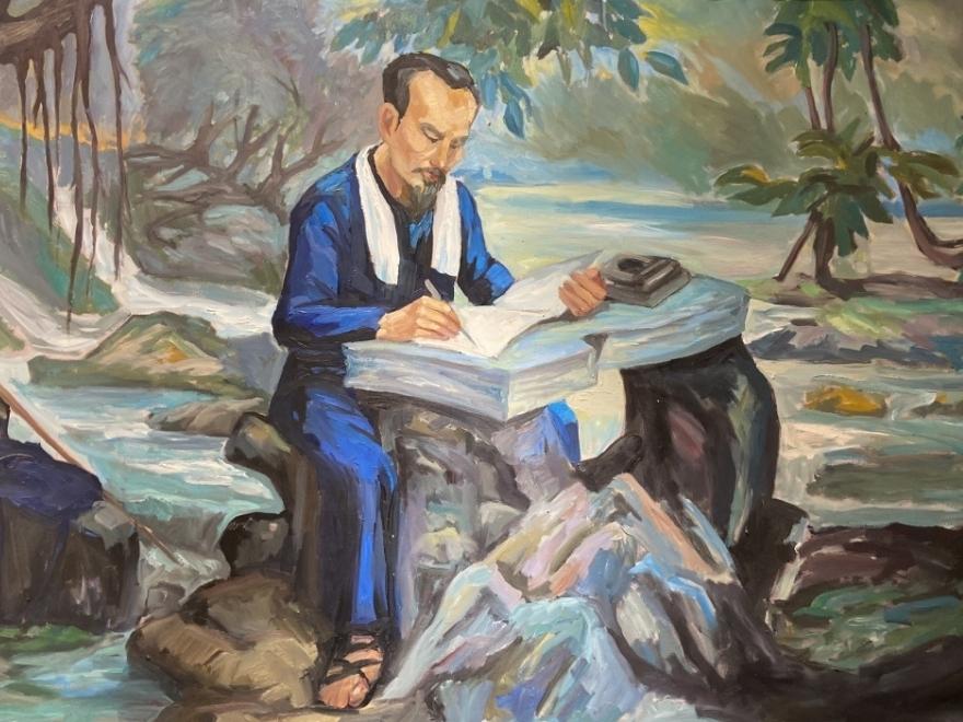 The oil painting recreates the scene of leader Ho Chi Minh working at a stone table next to a stream.