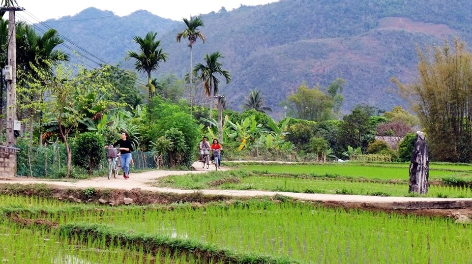Our dear travelers in Mai Chau. From a distance, these are the traditional stilt houses of the Thai ethnic groups.