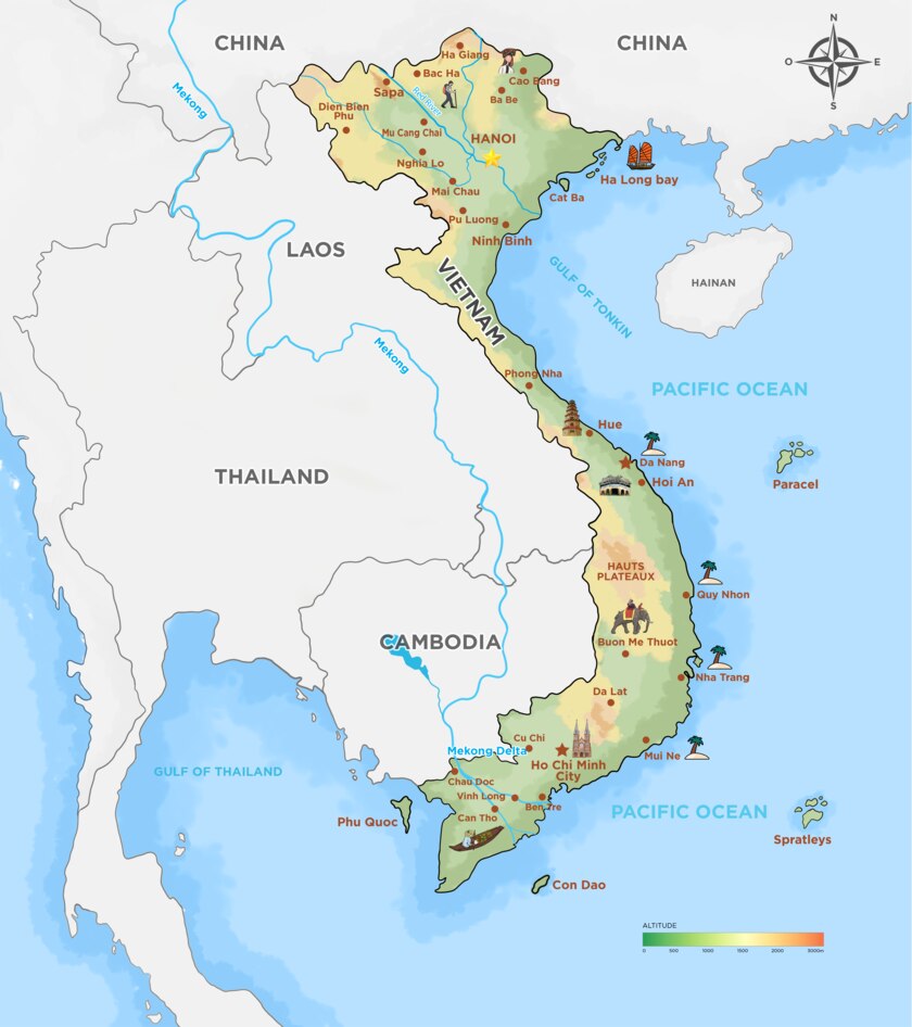 Vietnam shares borders with China, Laos, Cambodia, and the South China Sea.