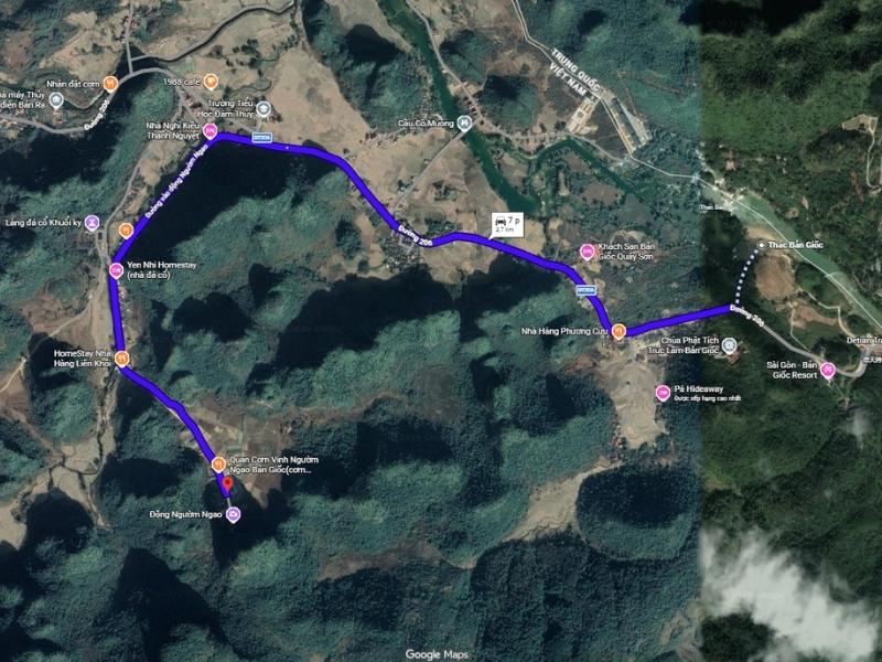 Map showing Nguom Ngao Cave near Ban Gioc Waterfall and Dam Thuy commune in Cao Bang.