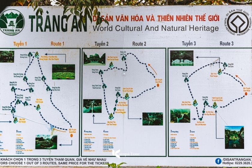 Map of the three boat routes in Trang An