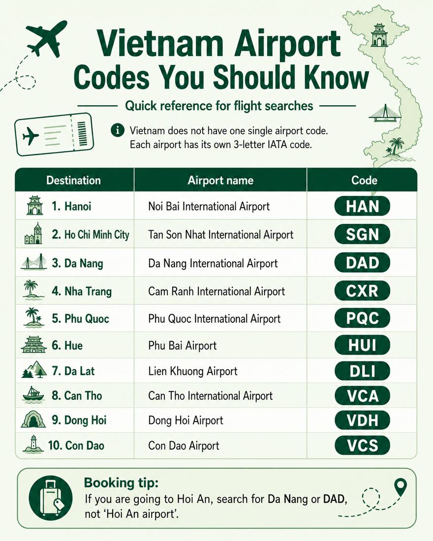 Vietnam airport codes for major destinations including Hanoi, Ho Chi Minh City and Da Nang