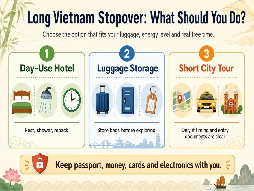 Infographic showing day-use hotel, luggage storage and short city tour options during a Vietnam stopover