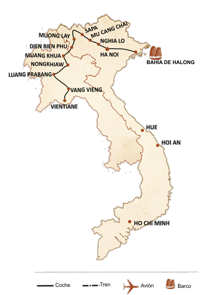 mapa circuito Vietnam y Laos 17 días: ruta histórica fuera de lo común