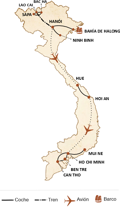 mapa circuito Viaje a Vietnam en 18 días: Colores y Descubrimientos