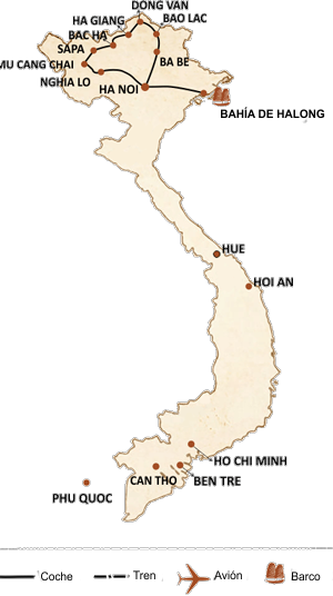mapa circuito Viaje al Norte de Vietnam en 15 días: cultural y natural
