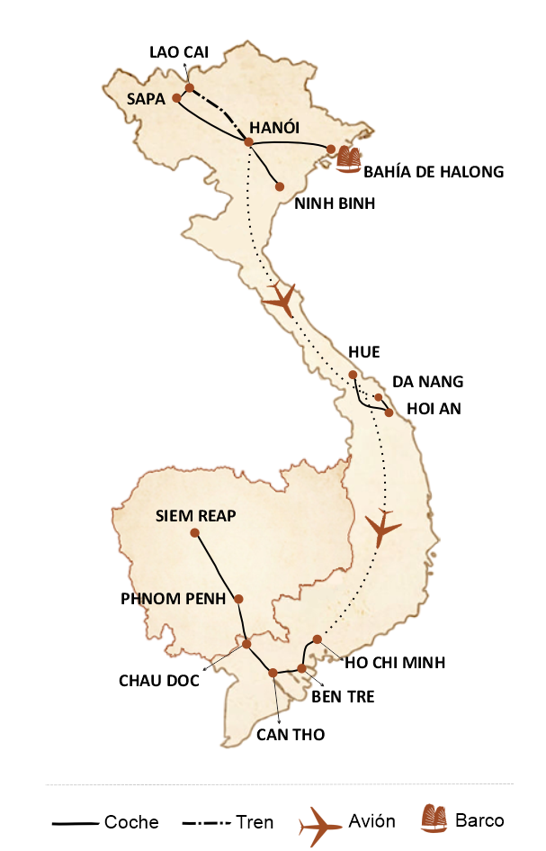 mapa circuito Ruta por Vietnam y Camboya en 21 días entre maravillas