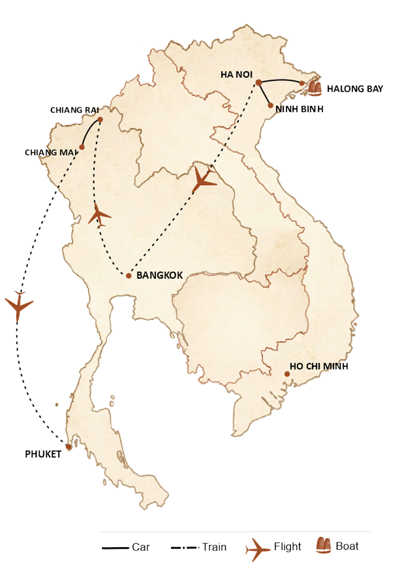 carte du circuit Travel to Northern Vietnam and Thailand in 14 days