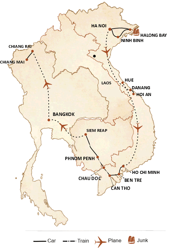 carte du circuit A 21-Day Adventure Through Vietnam, Cambodia & Thailand