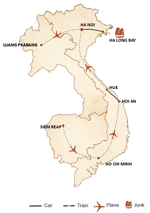 carte du circuit Glimpse of Cambodia Vietnam and Laos Tour in 2 Weeks