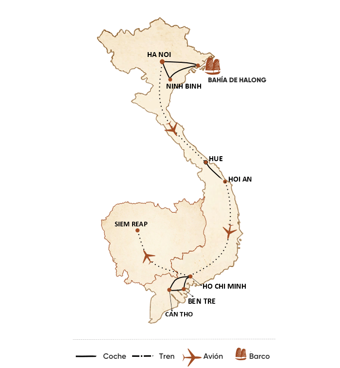 mapa circuito Viaje de lujo a Vietnam y Camboya en 15 días