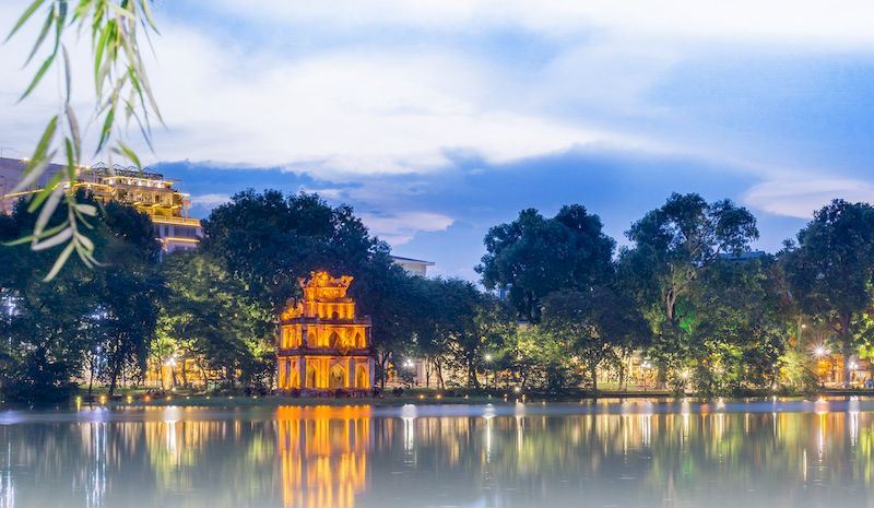 Hoan Kiem Lake is located within the pedestrian street in the capital of Hanoi